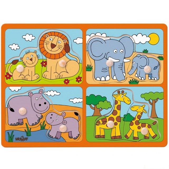 Puzzle vkládací - Safari zvířata s mláďaty, 8ks (Woody)