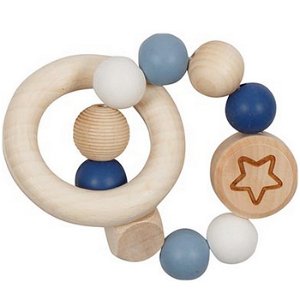 Chrastítko - Kroužek korálkový, Dřevo a silikon modrý (Goki)