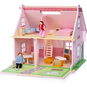 Domeček pro panenky - Přenosný růžový s vybavením (Bigjigs)
