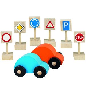 Auta - Dvě autíčka a dopravní značky dřevěné (Detoa)