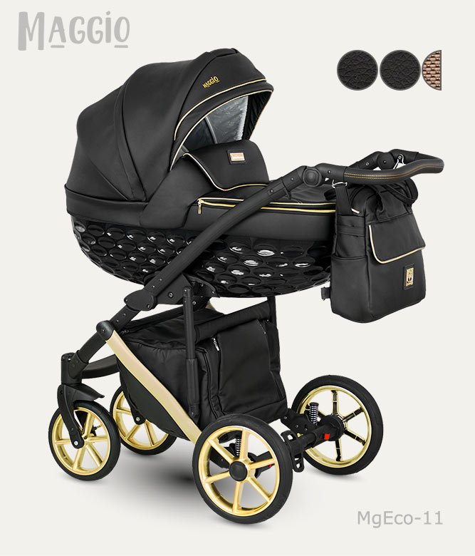 Dětský kočárek Camarelo Maggio Eco, MgEco-11 Černá+černo-zlatá konstrukce a detail