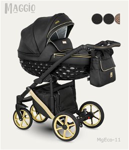 Dětský kočárek Camarelo Maggio Eco včetně autosedačky, MgEco-11 Černá+černo-zlatá konstrukce a detail