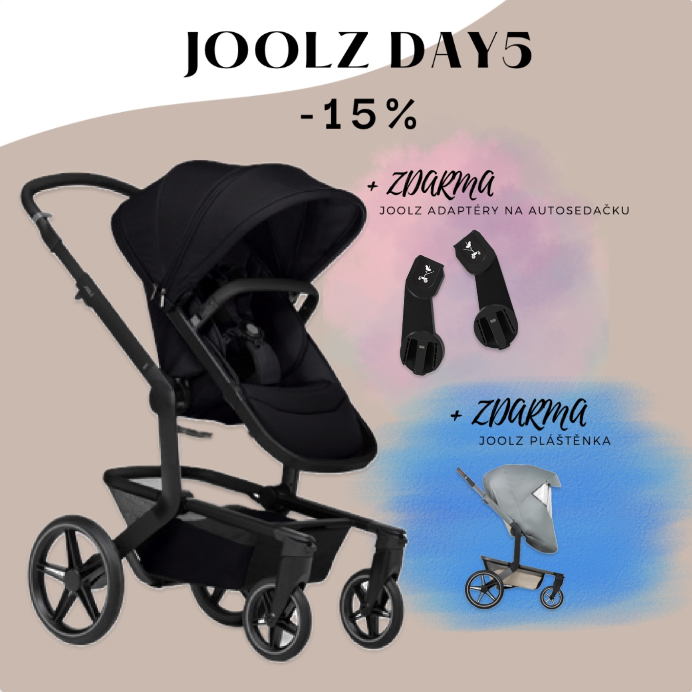 Joolz Day5 - Space black, kompletní set + pláštěnka a adaptéry na autosedačku jako DÁREK