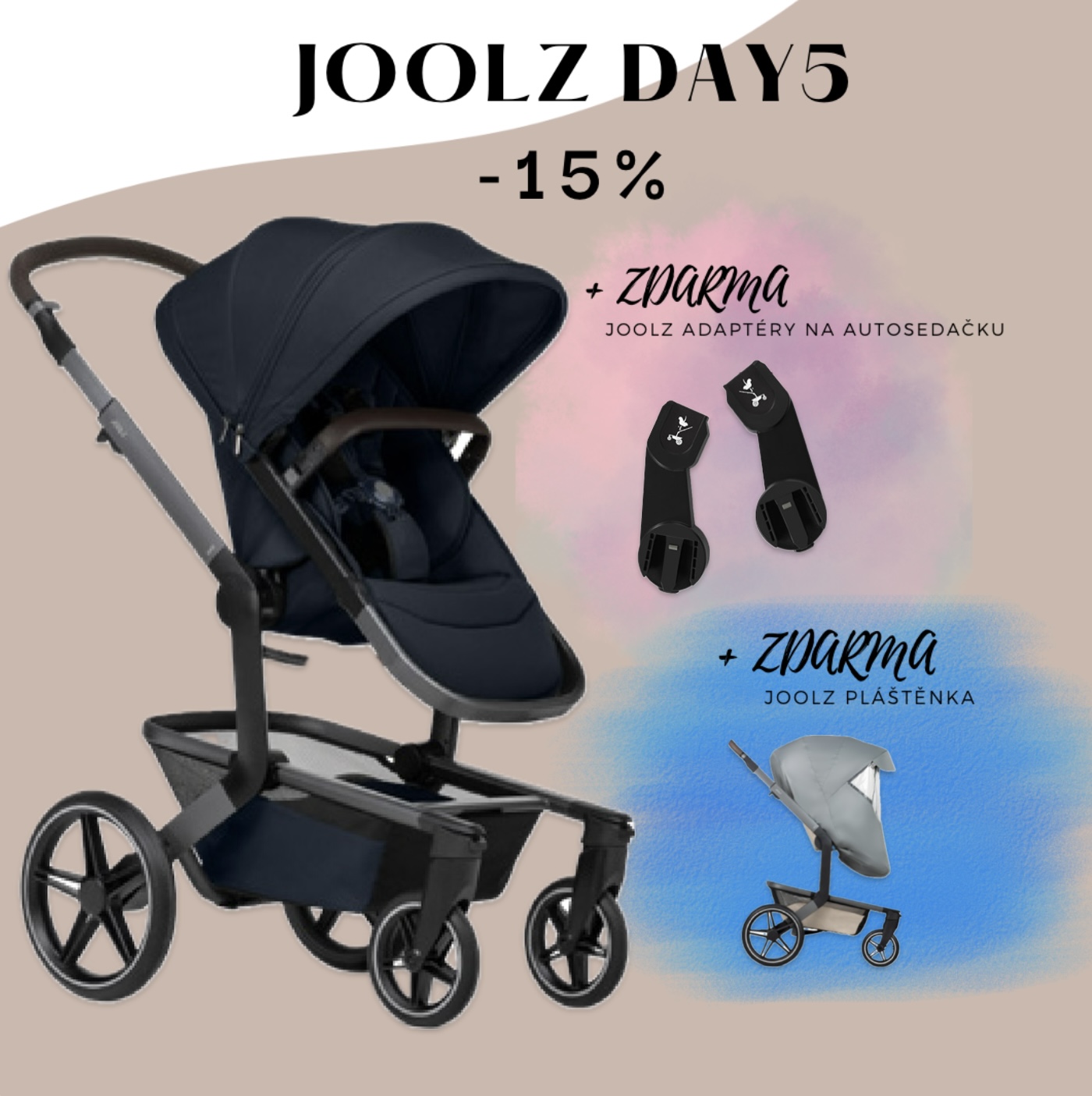 Joolz Day5 - Navy blue, kompletní set + pláštěnka a adaptéry na autosedačku jako DÁREK