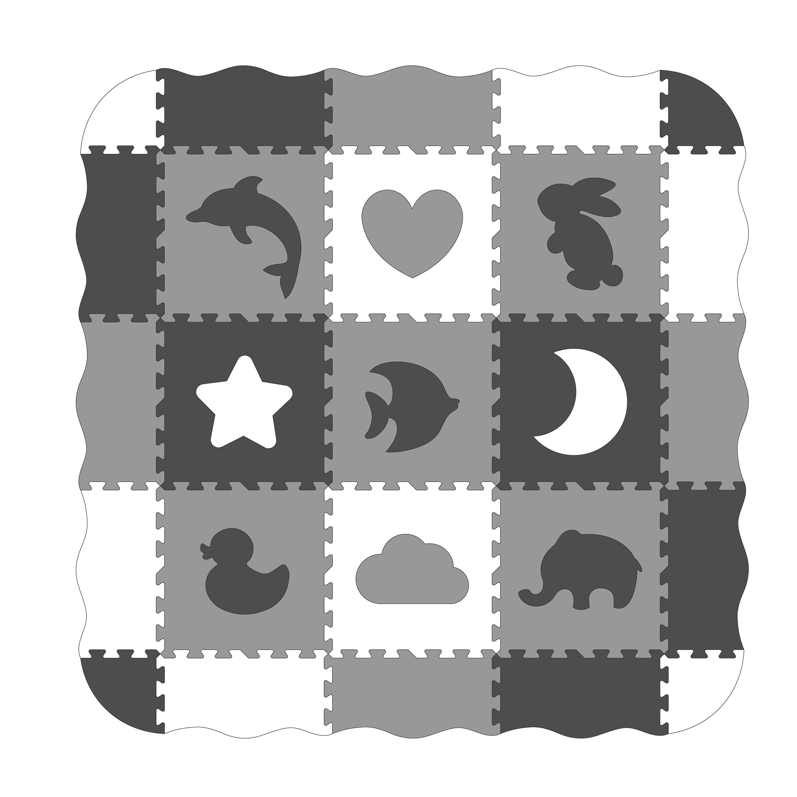 Vzdělávací pěnová podložka/puzzle Ecotoys zvířátka a symboly šedá/bílá