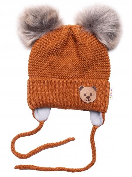 BABY NELLYS Zimní čepice s fleecem Teddy Bear - chlupáčk. bambulky - hnědá, šedá, 56-68 (0-6 m)
