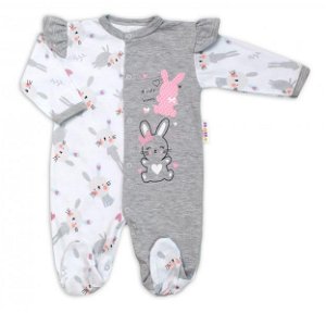 Baby Nellys Bavlněný kojenecký overal s volánky Cute Bunny - šedý, vel. 80, 80 (9-12m)
