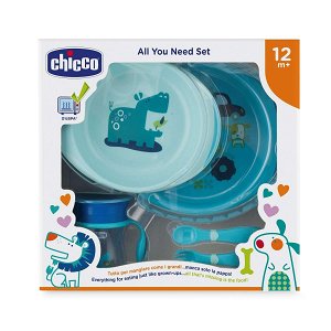 CHICCO Set jídelní - talíře, příbory, sklenka, modrý 12m+