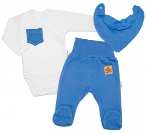 Baby Nellys 3-dílná sada Body dl. rukáv s kapsou, šátek, polodupačky, modrá, bílá, vel. 68, 68 (3-6m)