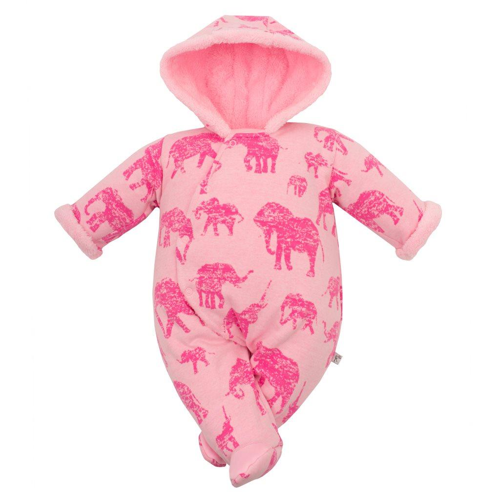 Zimní kojenecká kombinéza s kapucí Baby Service Sloni růžová Růžová 68 (4-6m)