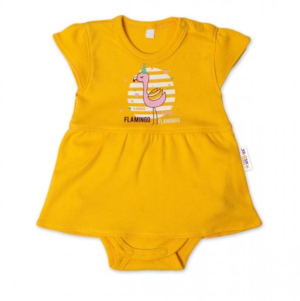 Baby Nellys Bavlněné kojenecké sukničkobody, kr. rukáv, Flamingo - hořčicové, vel. 80, 80 (9-12m)