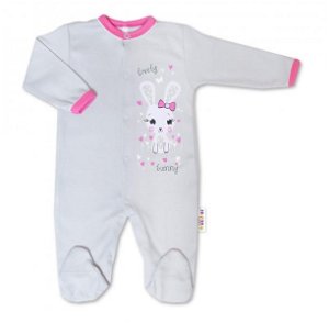 Baby Nellys Bavlněný kojenecký overal Lovely Bunny - šedý/růžový, vel. 68, 68 (3-6m)