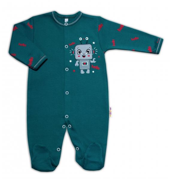 Baby Nellys Bavlněný kojenecký overal Little Robot, tmavě zelený, vel. 68, 68 (3-6m)
