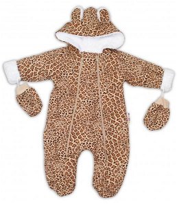 Baby Nellys Zimní kombinézka s kapucí a oušky + rukavičky, Gepard - hnědá, 56 (1-2m)