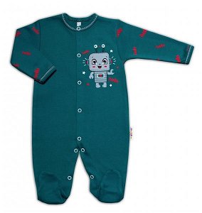 Baby Nellys Bavlněný kojenecký overal Little Robot, tmavě zelený, vel. 74, 74 (6-9m)