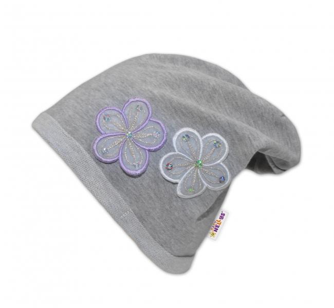 Bavlněná čepička Květinky Baby Nellys ® - šedé/fialové květinky, 80-98 (9-36m)