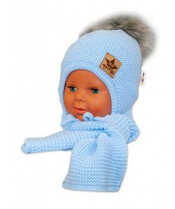 BABY NELLYS Zimní čepička s šálou - chlupáčková bambulka - sv. modrá/šedá, 80-92 (12-24m)