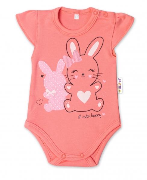 Baby Nellys Bavlněné kojenecké body, kr. rukáv, Cute Bunny - lososové, vel. 86, 86 (12-18m)