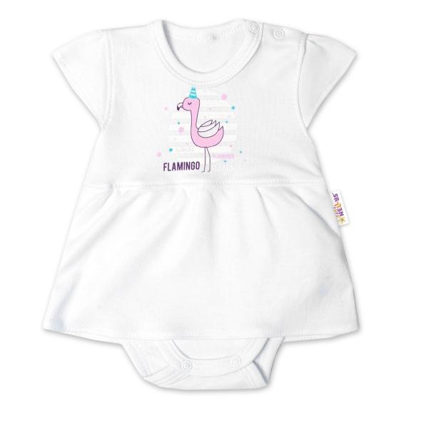 Baby Nellys Bavlněné kojenecké sukničkobody, kr. rukáv, Flamingo - bílé, vel. 86, 86 (12-18m)