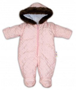Kombinéza s kapucí a kožíškem Baby Nellys ®prošívaná, bez šlapek, sv. růžová, vel. 98, 98 (2-3r)