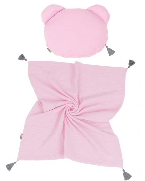 Mamo Tato Mušelinová sada polštářek Teddy Lux double s dekou 70x90cm - světle růžová