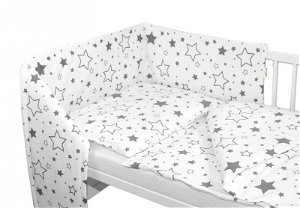 Baby Nellys 3-dílná sada - mantinel s povlečením - Šedé hvězdy a hvězdičky - bílý, 135x100 cm, 135x100