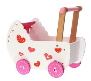 Eco toys Dřevěný kočárek pro panenky - růžový