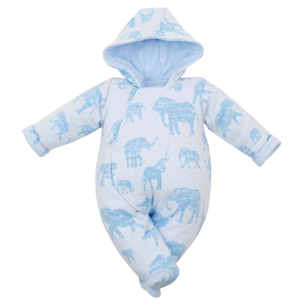 Zateplená kojenecká kombinéza s kapucí Baby Service Sloni modrá Modrá 62 (3-6m)