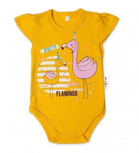 Baby Nellys Bavlněné kojenecké body, kr. rukáv, Flamingo - hořčicové, vel. 62, 62 (2-3m)