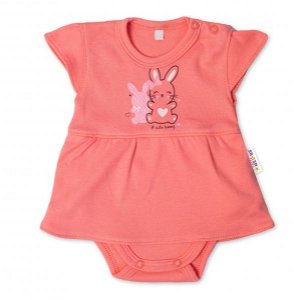 Baby Nellys Bavlněné kojenecké sukničkobody, kr. rukáv, Cute Bunny - lososové, vel. 68, 68 (3-6m)