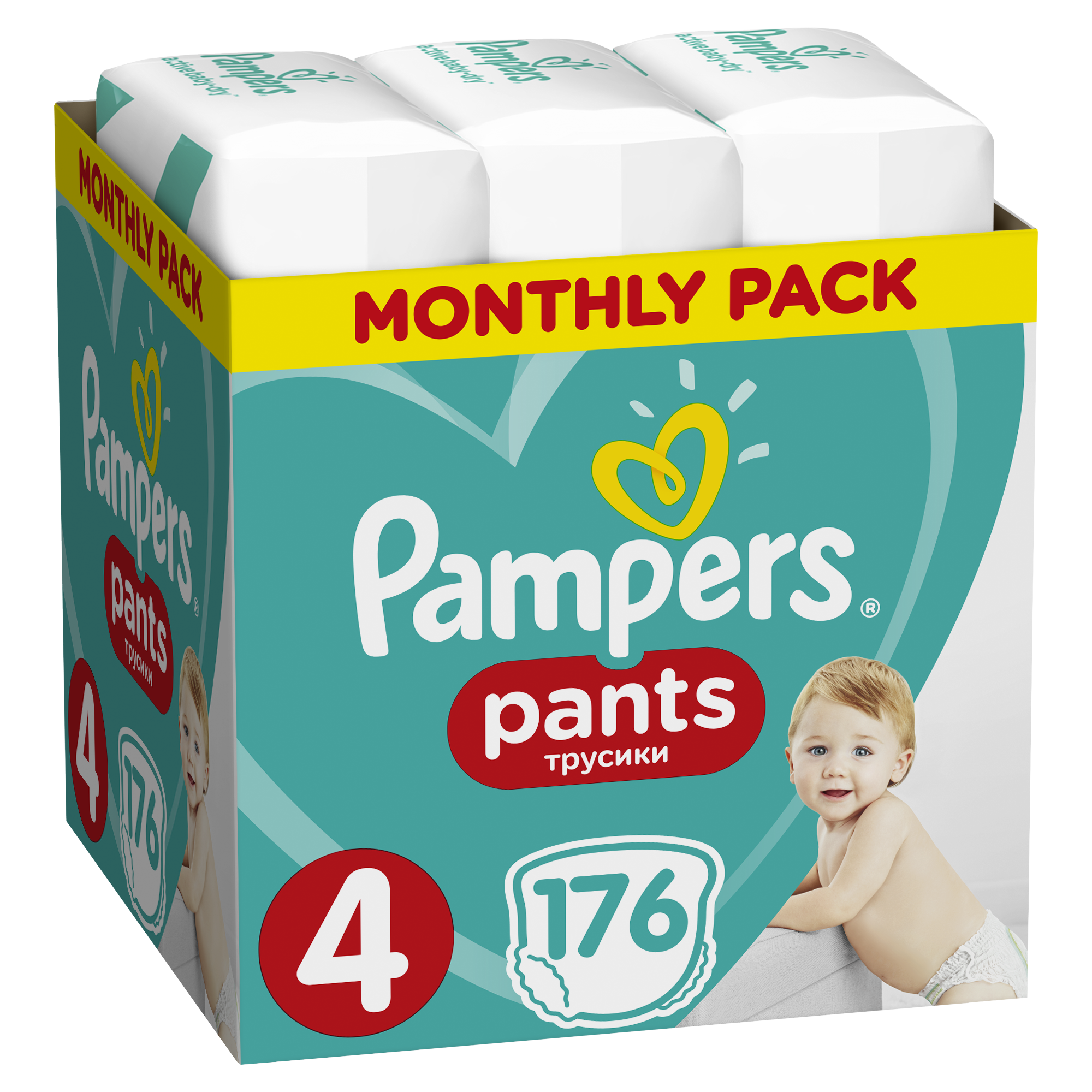 PAMPERS Pants 4 Active Baby Dry 176 ks (9-15 kg) MĚSÍČNÍ ZÁSOBA - plenkové kalhotky