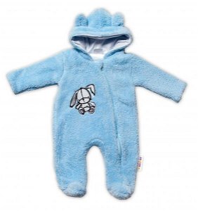 Baby Nellys Chlupáčkový overálek s kapucí, Cute Bunny - modrý, 56 (1-2m)