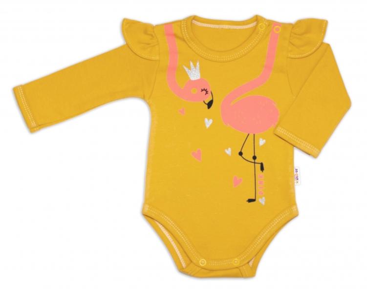 Baby Nellys Bavlněné kojenecké body, dl. rukáv, Flamingo s volánkem - hořčicové, vel. 86, 86 (12-18m)