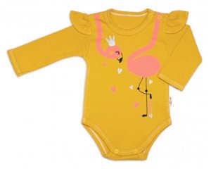 Baby Nellys Bavlněné kojenecké body, dl. rukáv, Flamingo s volánkem - hořčicové, vel. 86, 86 (12-18m)