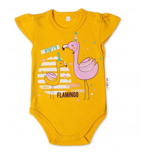 Baby Nellys Bavlněné kojenecké body, kr. rukáv, Flamingo - hořčicové, vel. 74, 74 (6-9m)