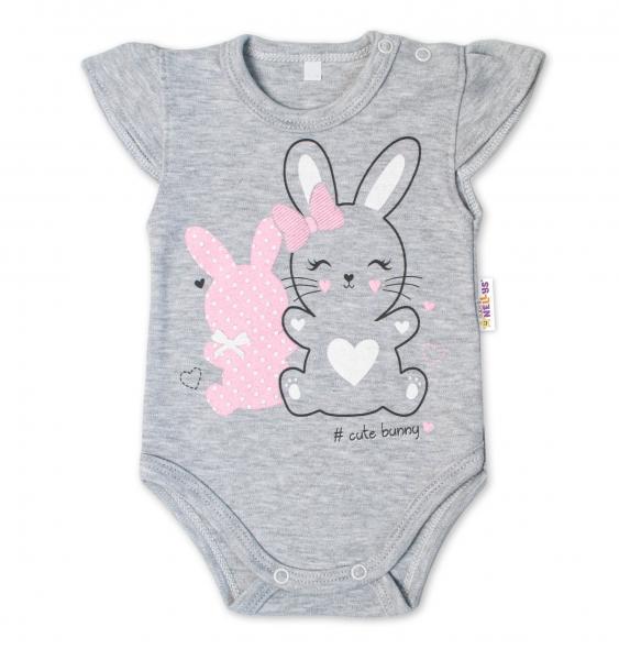 Baby Nellys Bavlněné kojenecké body, kr. rukáv, Cute Bunny - šedé, vel. 80, 80 (9-12m)