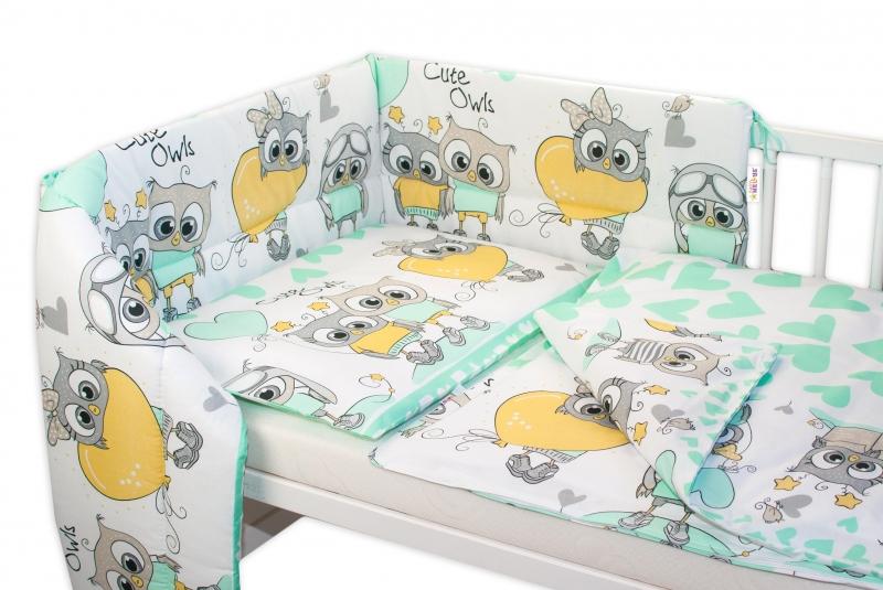 Baby Nellys 3-dílná sada mantinel s povlečením 135x100 cm,  Cute Owls - zelená, 135x100