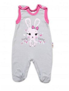 Baby Nellys bavlněné dupačky Lovely Bunny - šedé/růžové, vel. 74, 74 (6-9m)