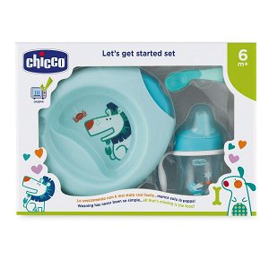 CHICCO Set jídelní - talíř, lžička, sklenka - modrý 6m+