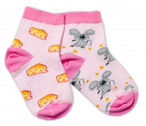 Baby Nellys Bavlněné veselé ponožky Myška a sýr - světle růžová, 92-98 (18-36m)