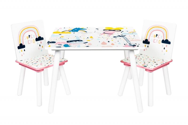 BABY NELLYS Dětský nábytek - 3 ks,  stůl s židličkami Duha - bílá