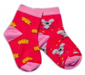 Baby Nellys Bavlněné veselé ponožky Myška a sýr - tmavě růžová, vel. 104/116, 104-116 (4-6r)