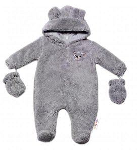 Baby Nellys Chlupáčkový overal Luna s kapucí + rukavičky, Medvídek, šedý, vel. 62, 62 (2-3m)