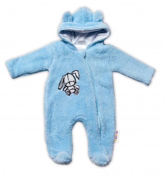 Baby Nellys Chlupáčkový overálek s kapucí, Cute Bunny - modrý, vel. 74, 74 (6-9m)