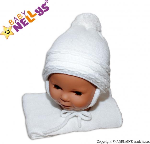BABY NELLYS Zimní čepička s šálou - s imitací volánku - bílá, 62-68 (3-6m)