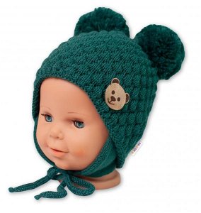 BABY NELLYS Zimní pletená čepice Teddy Bear na zavazování, zelená, 68/80, (6-12m), 68-80 (6-12m)