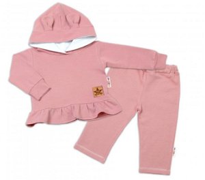 BABY NELLYS Dětská tepláková souprava s kapucí a oušky, pudrově růžová,starorůžová, vel.80, 80 (9-12m)