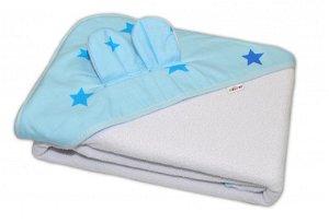 Baby Nellys Dětská termoosuška s oušky Baby Stars s kapucí, 100 x 100 cm - modrá/bílá