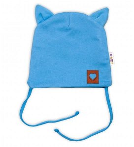 Baby Nellys Bavlněná dvouvrstvá čepice s oušky na zavazování FOX - modrá, 56-62 (0-3m)