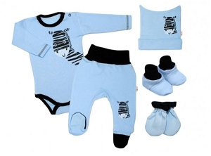Baby Nellys 5-ti dílná soupravička do porodnice Zebra - modrá, vel. 62, 62 (2-3m)